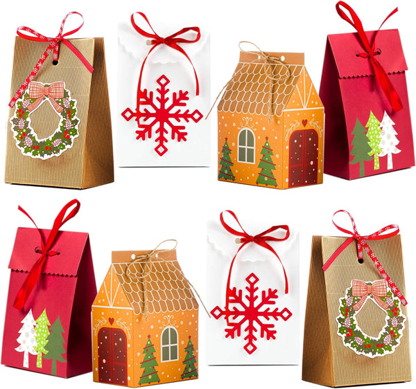 12 Pieces Christmas Gift Bags, 4 Premium Design Reusable Craft Paper Assorted Colors for Xmas Theme Boxes