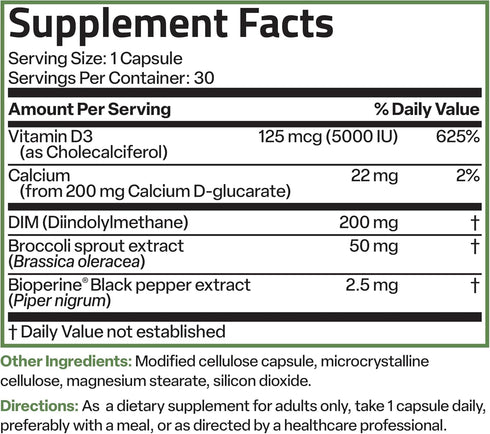 Bronson DIM Balance+ 200 MG of DIM per Capsule - Calcium D-Glucarate, Broccoli Sprouts and Vitamin D3, Non-GMO, 30