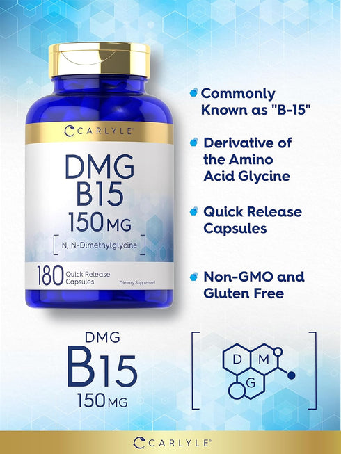 Carlyle DMG Supplement | 150 mg B15 | 180 Capsules | Non-GMO, Gluten Free, N-Dimethylglycine