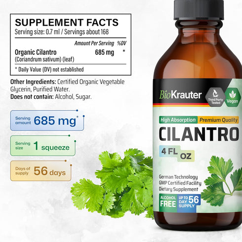 Organic Cilantro Supplement, 4 Fl.Oz., Natural Body Cleansing & Detox Liquid, Vegan, Alcohol-Free Drops