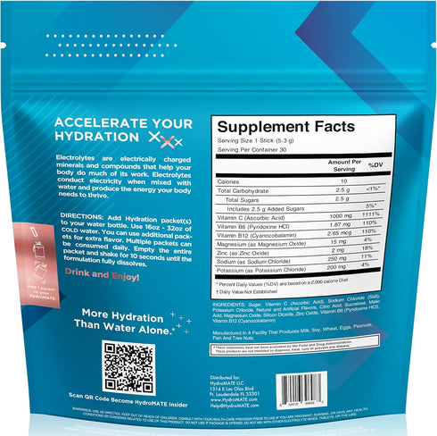 HydroMATE Electrolytes Powder Packets Drink Mix - Low Sugar Hydration Accelerator with Vitamin C B12 - 30 Sticks