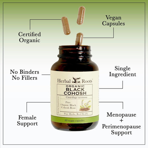 Herbal Roots Organic Black Cohosh Root | Extra Strength | Menopause and Menstrual Support for Women | 90 Vegan Capsules