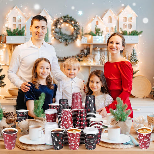Hauwellter 100 Set 12oz, Christmas Disposable Coffee Cups with Lids Bulk Red and Black Xmas Holiday Hot Chocolate Party