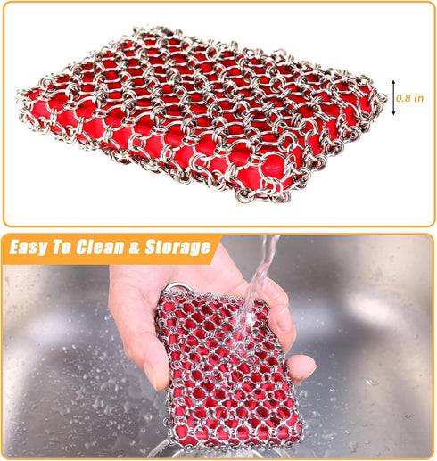 Cast Iron Scrubber, Chainmail Scrubber for Cast Iron Pan, Metal Sponge Cleaner for Skillet, Wok & Dutch Oven