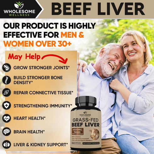 Wholesome Wellness Grass Fed Desiccated Beef Liver Capsules (180 Pills, 750mg Each) - Natural Iron and Vitamins