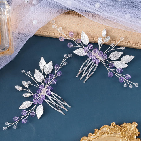 PAGOW 2PCS Leaf Hair Combs, Purple Rhinestone Hair Clips for Women, Girls, Bride, Bridesmaid