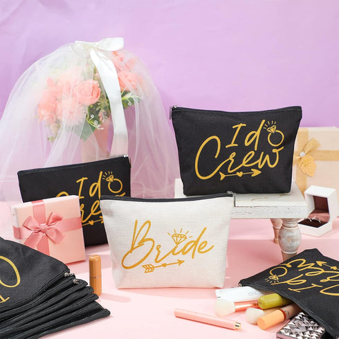 11 Pieces Bridal Shower Wedding Makeup Bags, Canvas Cosmetic Bags for Bachelorette Party, Bride I Do Crew Gifts (White,