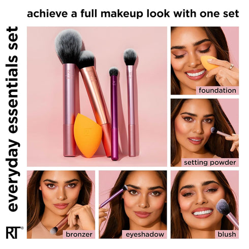 Real Techniques 5 Piece Everyday Essentials Makeup Brush Set, Includes 4 Brushes & Sponge, Travel Gift Set