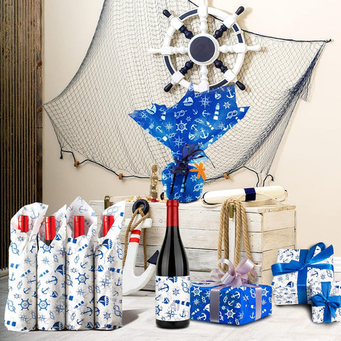 HolyMaji 50 Sheets Nautical Printed Tissue Paper - 20 x 26" Anchor Design Decorative Gift Wrapping for Birthday Party