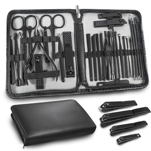 Manicure Set 30 In 1 Personal Care Grooming Kit with Luxurious Travel Case, Nail Clippers for Men (Black)