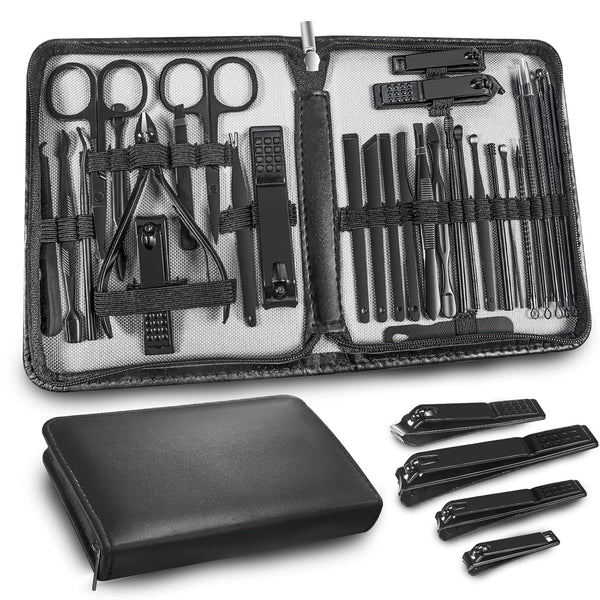 Manicure Set 30 In 1 Personal Care Grooming Kit with Luxurious Travel Case, Nail Clippers for Men (Black)