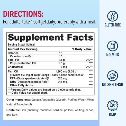 Vitamin World Triple Strength Omega 3 Fish Oil, 1360 mg Supplement, 950 mg Active Omega-3 Fatty Acids