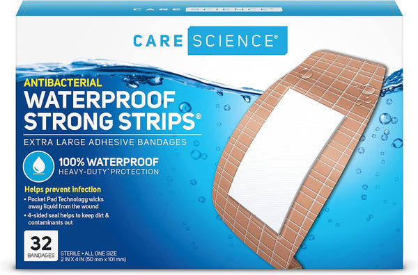 Care Science Waterproof Strong Strips Adhesive Bandages, Extra Large, 32 CT for First Aid and Wound Care