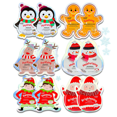 Epielle Christmas Holiday Character Sheet Mask Assortments - Santa, Reindeer, Snowman, Elf, 12pk for Spa Gifts