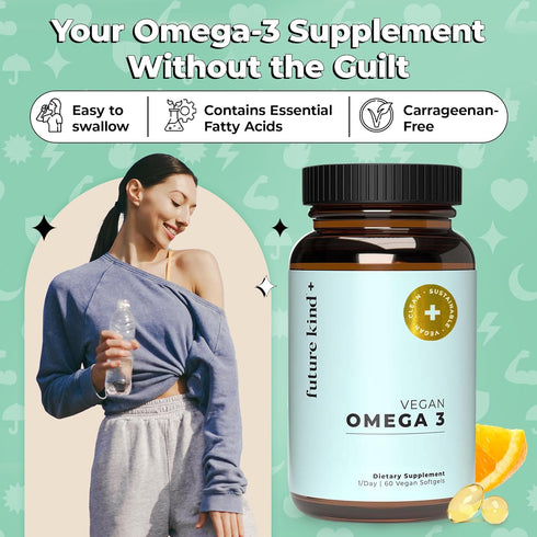 Future Kind Vegan Omega 3 Supplement - Glass Bottle, DHA EPA for Joint & Mood Support - 2 Month Supply