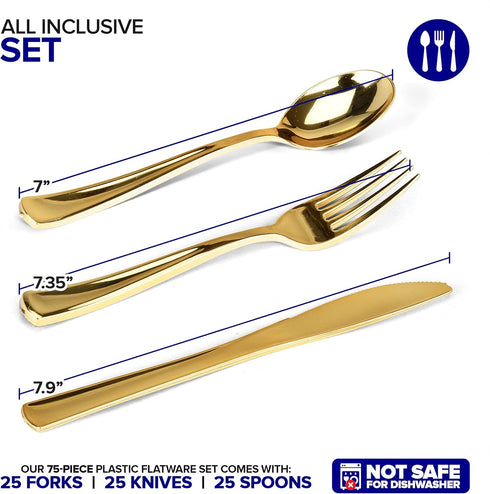 75 Pieces Heavy Duty (Gold) Plastic Silverware Set, Disposable Cutlery Set, Great for Parties, Weddings, and Catering, Flatware Utensils Included: 25 Forks, 25 Spoons, 25 Knives, Stock Your Home by Stock Your Home