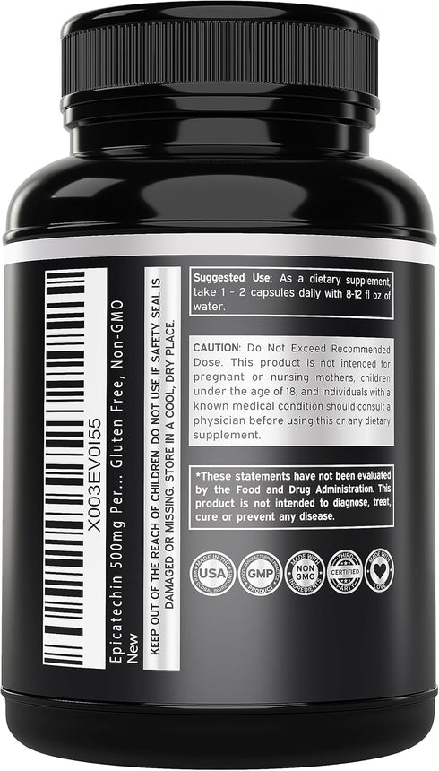 Epicatechin Extract 500mg per Serving - 120 Capsules for Lean Muscle, Nitric Oxide, Stamina, Endurance - Vegan