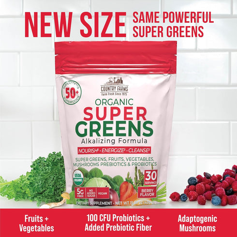 COUNTRY FARMS Super Greens Berry Flavor, 50 Organic Super Foods Drink Mix, 30 Servings