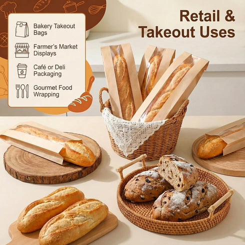 Yuanan 200 23.2"X4.3"X1.6" 300 PCS Paper Bread Bag with Window, French Bread Bags with Seal Stickers Long Paper Breads