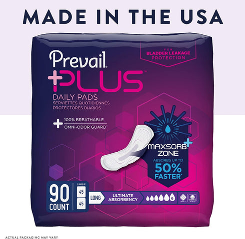 Prevail Plus Long Length Incontinence Bladder Control Pads - Ultimate Absorbency - 90 Count (2 Packs)