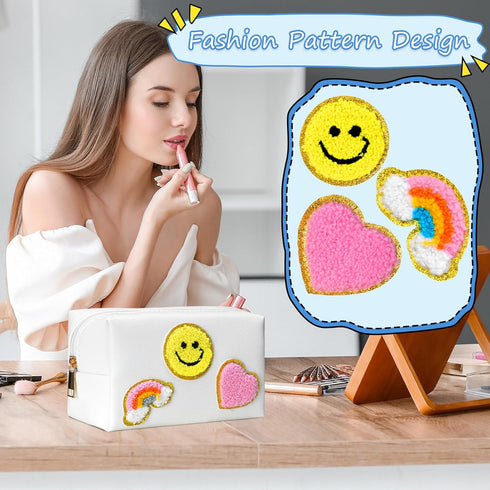 WECOOL Makeup Bag, Cute Smiley Face & Heart & Rainbow Pattern Preppy Patch Makeup Bag, Portable Large Capacity Cosmetic Bag for Daily Use & Travel, Premium Waterproof PU Leather Preppy Makeup Bag