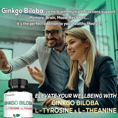1000mg Ginkgo Biloba Supplements with L-Tyrosine & L-Theanine - 120 Capsules for 2-Month Supply, Support Focus & Memory