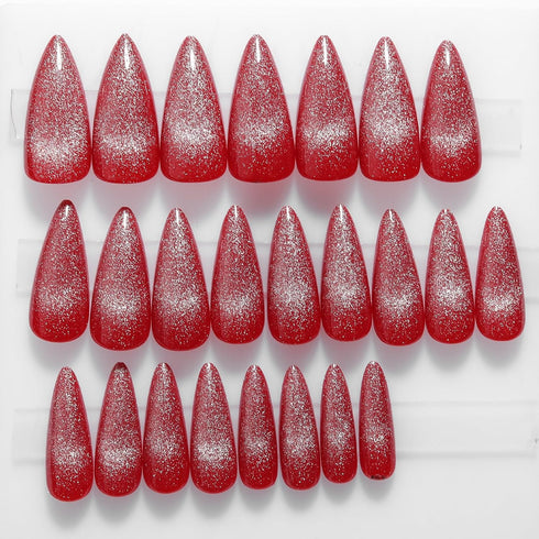 Red Cat Eye Press on Nails, Long Stiletto Glitter Fake Nails, Handmade Glossy Acrylic Full Cover 24Pcs
