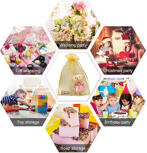 50pcs Large Organza Bags, 8X12 Inch Gold Sheer Mesh Drawstring Gift Pouches for Christmas Wedding Party Favors