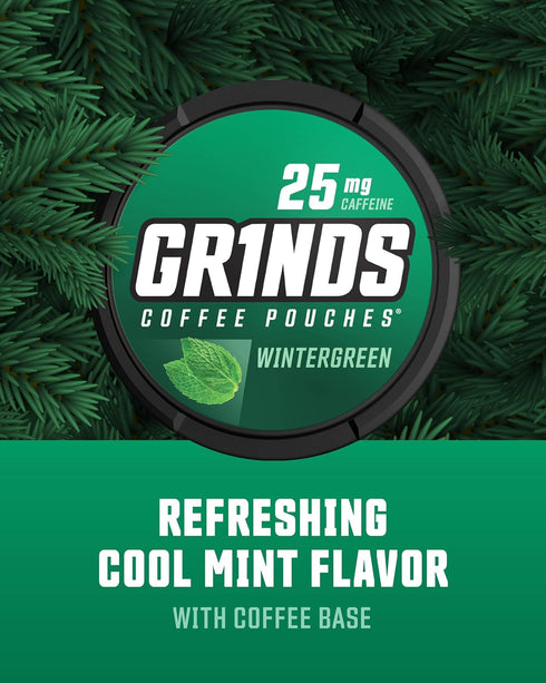 Grinds Coffee Pouches | Tobacco Free, Nicotine Free Healthy Alternative | 3 Cans Wintergreen, 18 Pouches Per Can