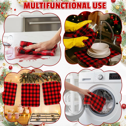 Hahafelt 24 Pack Reusable Paper Towels Rolls Bulk Red Black Buffalo Plaid Washable Kitchen Towels Paperless Cotton