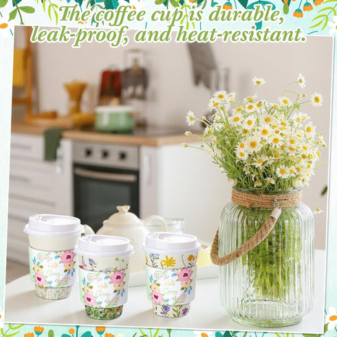 LemonRoad 48 Sets 12 oz 4 Wildflower Paper Disposable Coffee Cups with Lid, Sleeves, Color Spring Cute Flower Designs
