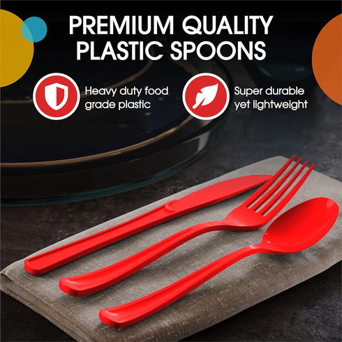 Disposable Red Plastic Spoons, 50 Pcs - Heavy Duty Red Plastic Cutlery