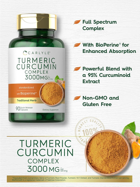 Carlyle Turmeric Curcumin with Black Pepper 3000mg | 90 Powder Capsules | Non-GMO, Gluten Free Complex