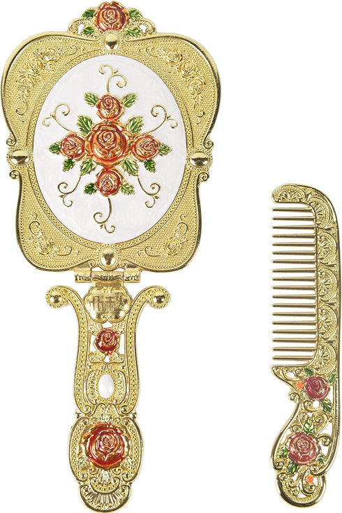Nerien Antique Mirror Comb Set, Vintage Metal Handheld Makeup Mirror with Comb, Gold-1