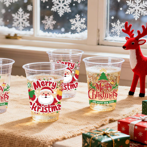 Jhfinely 50 12 oz Pcs Christmas Party Cups, Merry Christmas Clear Plastic Cups, Santa Claus Disposable Drinking Cup