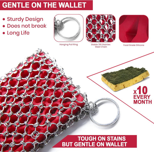 Cast Iron Scrubber Kit + Pan Scraper, 316 Chain Mail Scrubber for Cast Iron Cleaner, Chain Scrubber for Pans