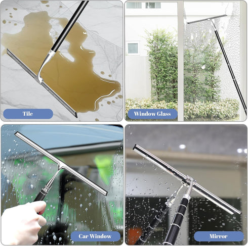 Shower Squeegee with Long Handle, Telescoping Window Squeegee for Glass Door, Tile Wall, Car, and Floor Cleaning