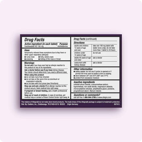 Allegra Adult 24HR Non-Drowsy Antihistamine, 30 Tablets, Fast-Acting Allergy Relief, 180 mg