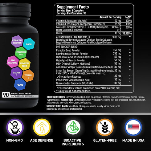 Age Defense Beauty Collagen Matrix, 2,000mg Multi Collagen Biotin Keratin Supplement, DHT Blocker for Hair Growth, 90