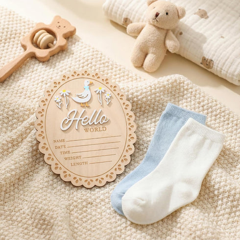 Tucnoeu Baby Announcement Sign, Wooden Hello World Newborn Welcome Sign, Hes Here Card Birth Stats Signs Newborn Photo