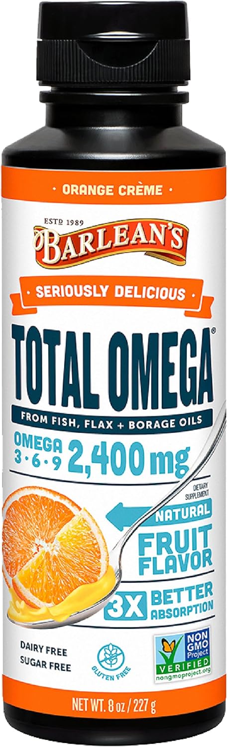 Barlean's Total Omega 3 6 9 Liquid Fish Oil Supplement with Borage and Flaxseed Oil, 2400 mg of Omegas - 8 oz