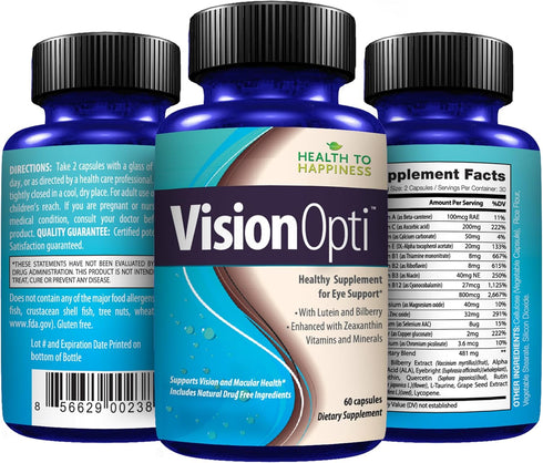 Vision Opti Eye Health Supplement - Lutein, Zeaxanthin, Selenium, Zinc, Vitamins A & C - 60 Capsules