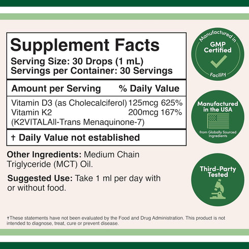 Vitamin D3 K2 5,000 IU Liquid Drops (5,000 IU D3 and 200mcg K2 MK-7) Max Absorption Liquid Vitamin Drops (30 Servings)