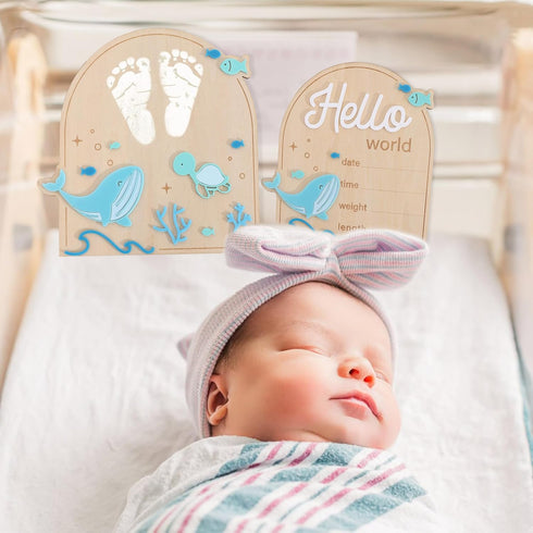 YOUAME Set Birth Announcement Wood Sign Board - Boy Under The Sea Newborn Footprint Milestone, Ocean Theme Hello World