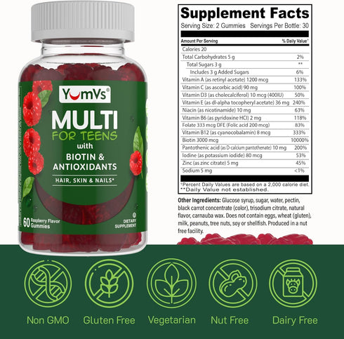 YumVs Teen Multivitamin Gummies, Raspberry Flavor, 60 Count, Hair Skin Nails Support