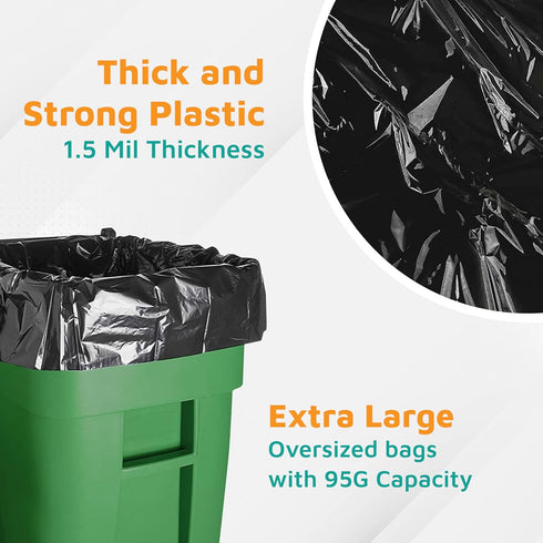 PlasticMill 95-Gallon 1.5 61"x68" (10-Count) Heavy Duty Trash Bags - Black Garbage Bags - Plastic Trash Bags for Large