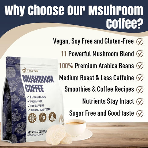 YEKBYOE 11 5.3oz Mushroom Coffee, Superfood Mushrooms includes Lion's Mane, Reishi, Chaga & Ashwagandha, Instant