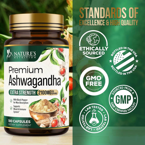 Herbal Ashwagandha 2,100 mg, Extra Strength Unwind, Calm & Relax Support, Vegan, Gluten Free, 180 Capsules