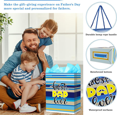 FaCraft Father's Day Gift Bag - 13" Large Happy Father's Day Paper Bag with Tissue Paper for Dad, Stepdad, Grandfather