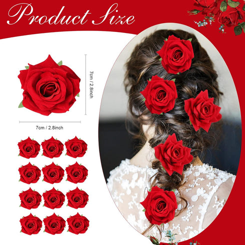 Yilloog 12 Pack Rose Hair Clip, 2.8'' Floral Brooch Hairpins for Women, Wedding Party Supplies (Red)